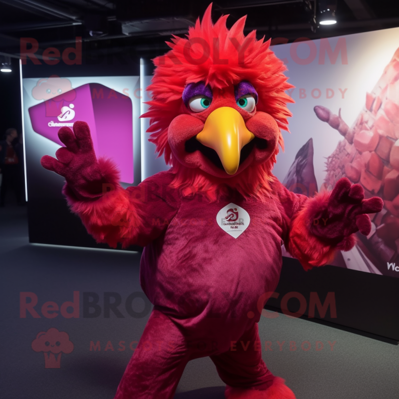 Magenta Roosters mascot costume character dressed with a Bodysuit and Brooches Magenta Roosters mascot costume character dressed with a Bodysuit and Brooches