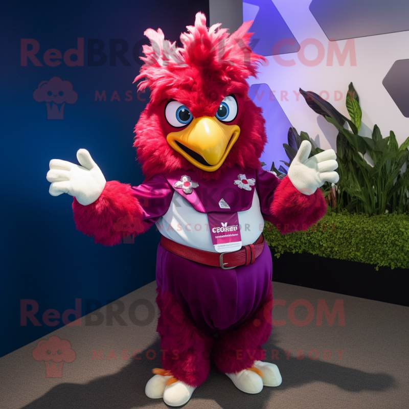 Magenta Roosters mascot costume character dressed with a Bodysuit and Brooches