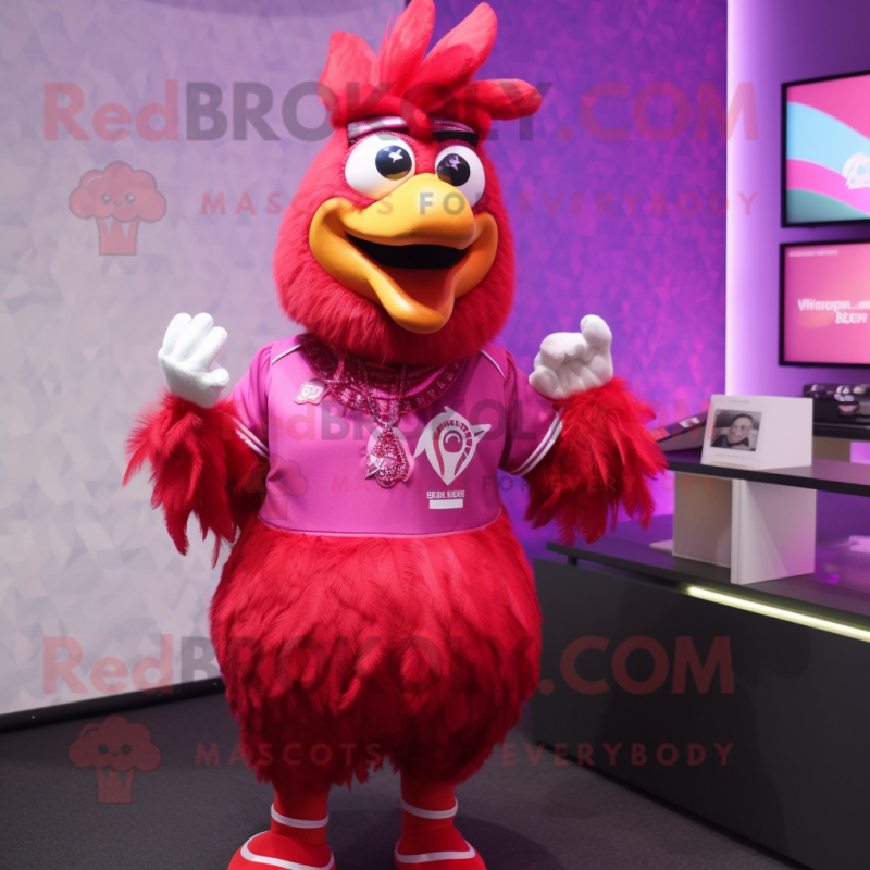 Magenta Roosters mascot costume character dressed with a Bodysuit and Brooches Magenta Roosters mascot costume character dressed with a Bodysuit and Brooches