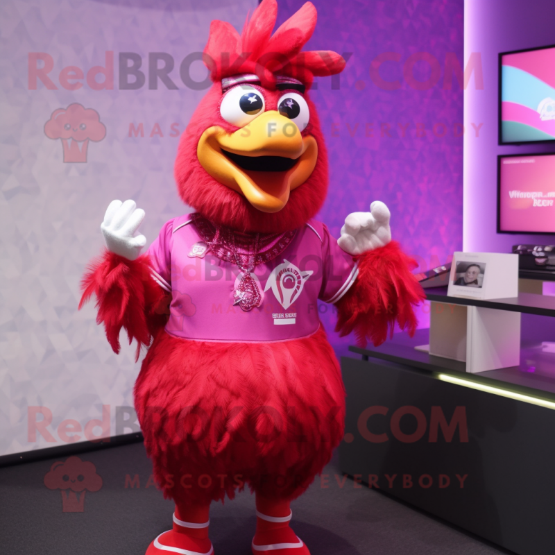 Magenta Roosters mascot costume character dressed with a Bodysuit and Brooches