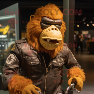Gold Orangutan mascot costume character dressed with a Biker Jacket and Caps