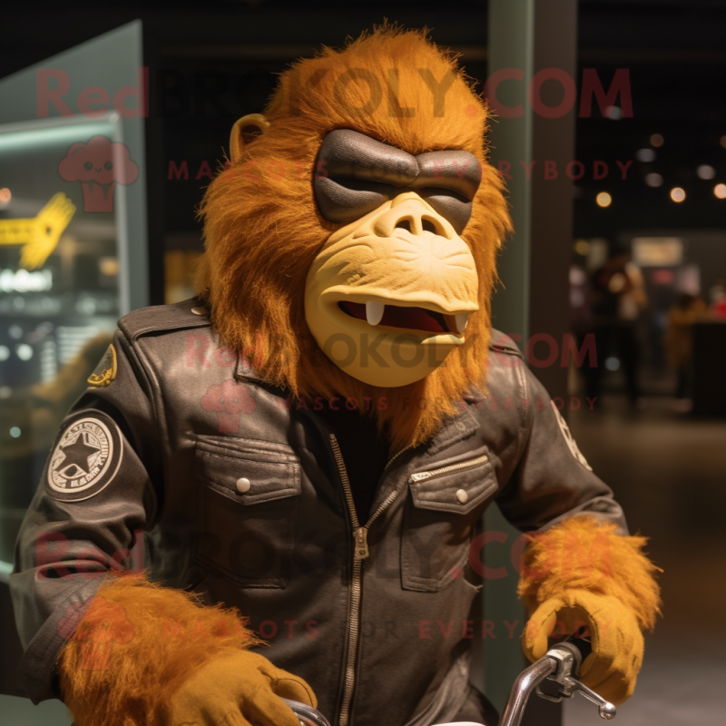 Gold Orangutan mascot costume character dressed with a Biker Jacket and Caps Gold Orangutan mascot costume character dressed with a Biker Jacket and Caps