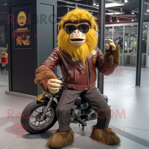 Gold Orangutan mascot costume character dressed with a Biker Jacket and Caps