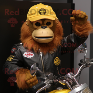 Gold Orangutan mascot costume character dressed with a Biker Jacket and Caps