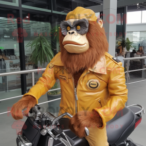 Gold Orangutan mascot costume character dressed with a Biker Jacket and Caps