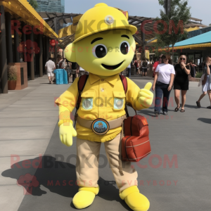 Lemon Yellow Fire Fighter mascot costume character dressed with a Button-Up Shirt and Backpacks