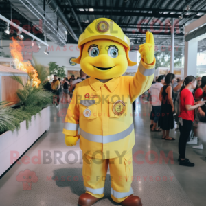Lemon Yellow Fire Fighter mascot costume character dressed with a Button-Up Shirt and Backpacks