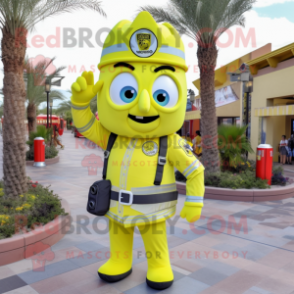 Lemon Yellow Fire Fighter mascot costume character dressed with a Button-Up Shirt and Backpacks