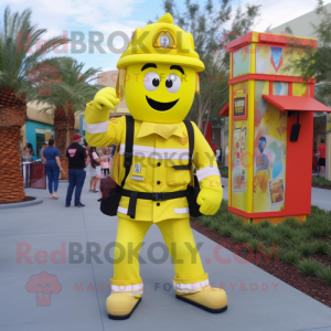 Lemon Yellow Fire Fighter mascot costume character dressed with a Button-Up Shirt and Backpacks