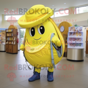 Lemon Yellow Horseshoe mascot costume character dressed with a Wrap Skirt and Backpacks