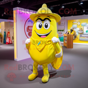 Lemon Yellow Horseshoe mascot costume character dressed with a Wrap Skirt and Backpacks