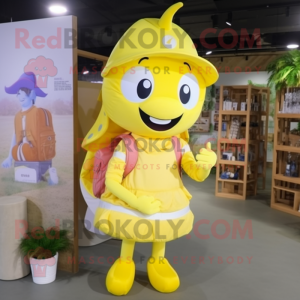 Lemon Yellow Horseshoe mascot costume character dressed with a Wrap Skirt and Backpacks