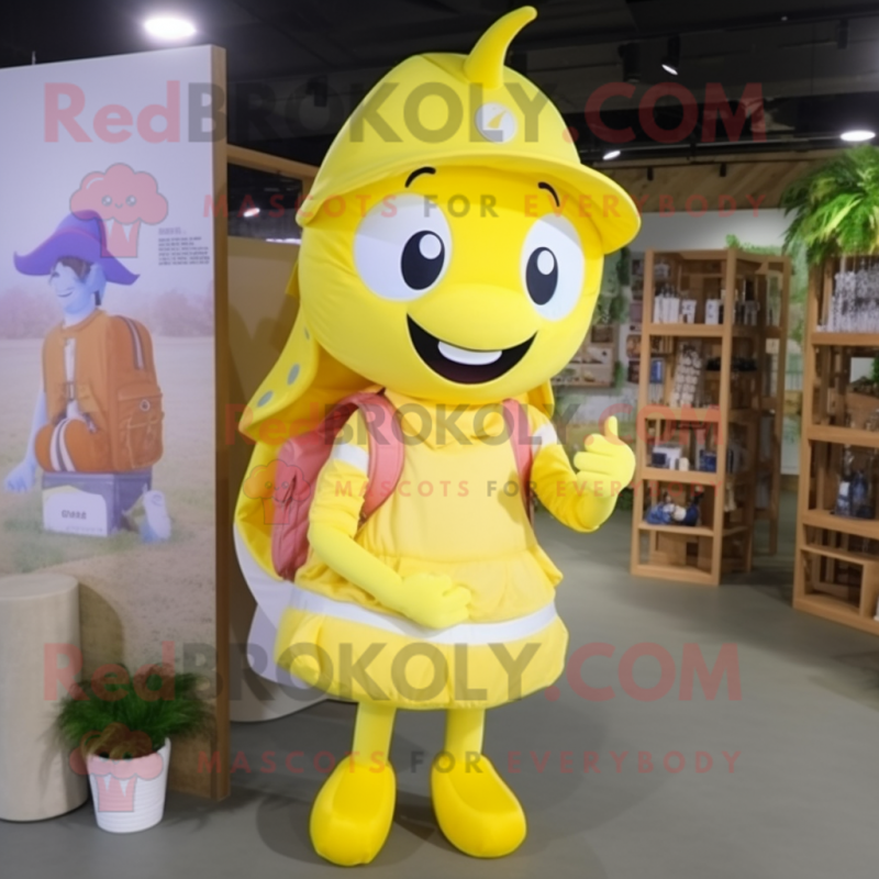 Lemon Yellow Horseshoe mascot costume character dressed with a Wrap Skirt and Backpacks Lemon Yellow Horseshoe mascot costume character dressed with a Wrap Skirt and Backpacks