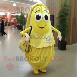 Lemon Yellow Horseshoe mascot costume character dressed with a Wrap Skirt and Backpacks