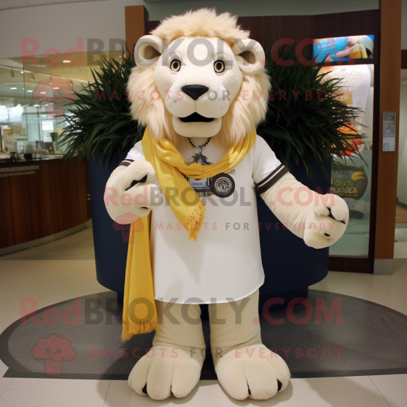 Cream Lion mascot costume character dressed with a Long Sleeve Tee and Scarf clips