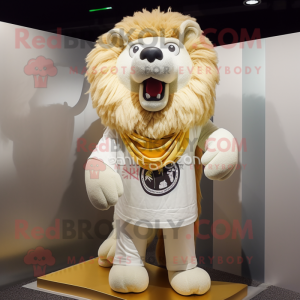 Cream Lion mascot costume character dressed with a Long Sleeve Tee and Scarf clips