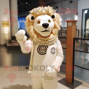 Cream Lion mascot costume character dressed with a Long Sleeve Tee and Scarf clips