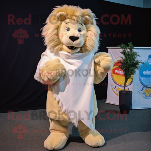 Cream Lion mascot costume character dressed with a Long Sleeve Tee and Scarf clips
