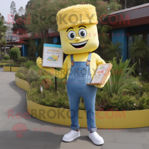 Yellow Fried Rice mascot costume character dressed with a Chambray Shirt and Wallets