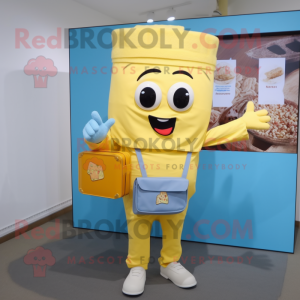 Yellow Fried Rice mascot costume character dressed with a Chambray Shirt and Wallets