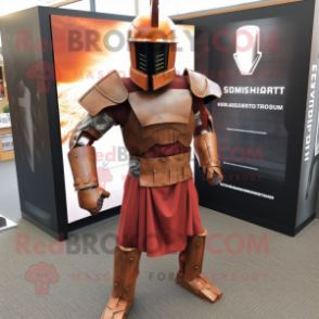 Rust Spartan Soldier mascot costume character dressed with a Dress Shirt and Cummerbunds