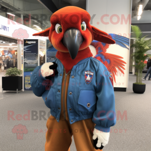 Rust Macaw mascot costume character dressed with a Bomber Jacket and Beanies