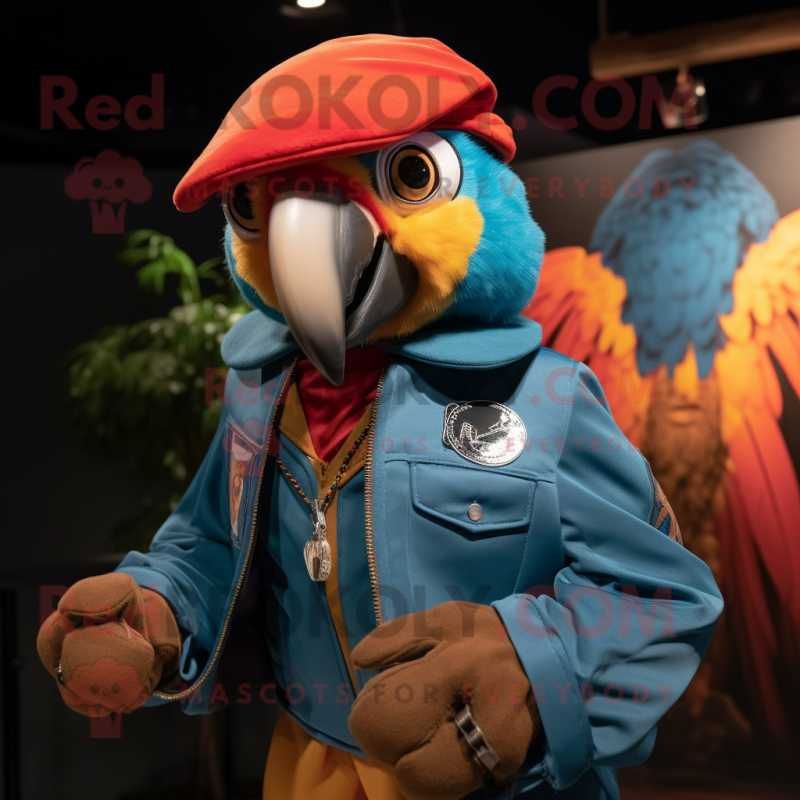 Rust Macaw mascot costume character dressed with a Bomber Jacket and Beanies