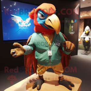 Rust Macaw mascot costume character dressed with a Bomber Jacket and Beanies