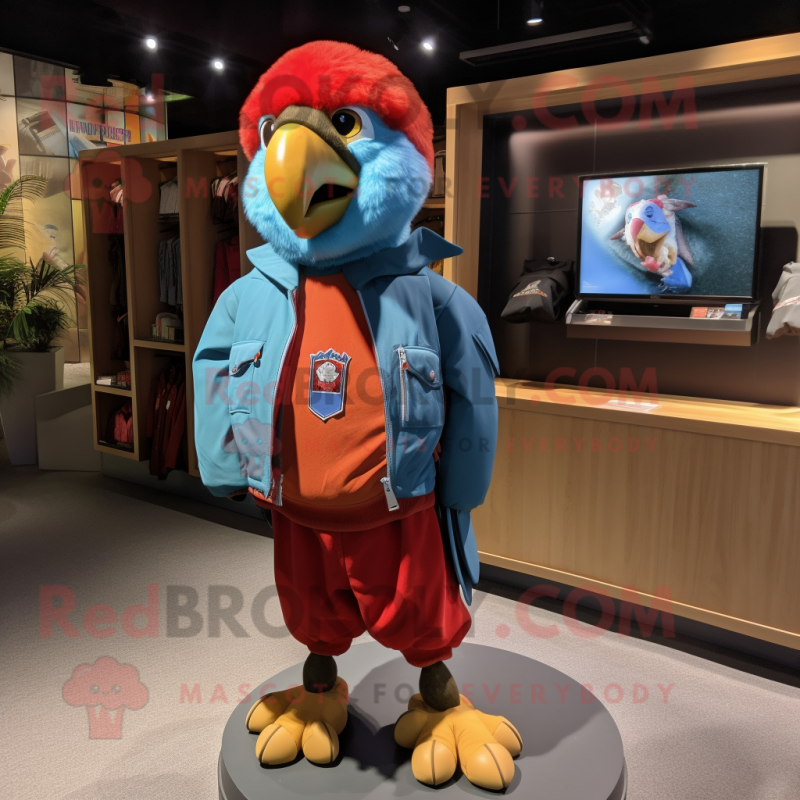 Rust Macaw mascot costume character dressed with a Bomber Jacket and Beanies