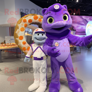 Lavender Pizza mascot costume character dressed with a Jumpsuit and Keychains
