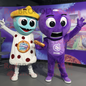 Lavender Pizza mascot costume character dressed with a Jumpsuit and Keychains