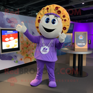 Lavender Pizza mascot costume character dressed with a Jumpsuit and Keychains