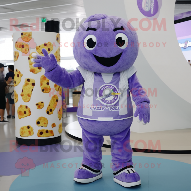 Lavender Pizza mascot costume character dressed with a Jumpsuit and Keychains