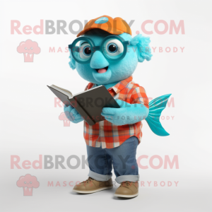 Turquoise Goldfish mascot costume character dressed with a Flannel Shirt and Reading glasses