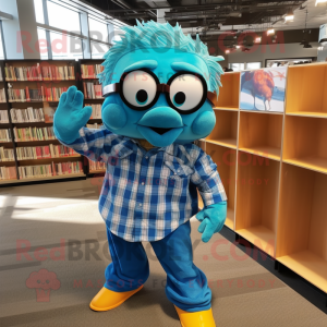 Turquoise Goldfish mascot costume character dressed with a Flannel Shirt and Reading glasses
