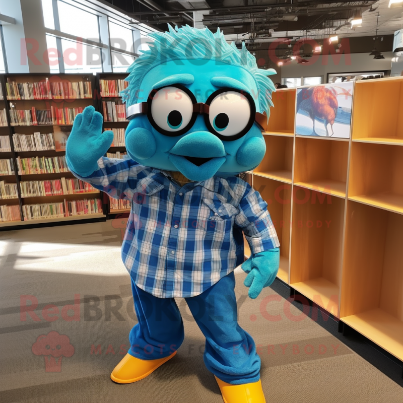 Turquoise Goldfish mascot costume character dressed with a Flannel Shirt and Reading glasses Turquoise Goldfish mascot costume character dressed with a Flannel Shirt and Reading glasses