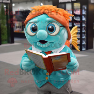 Turquoise Goldfish mascot costume character dressed with a Flannel Shirt and Reading glasses
