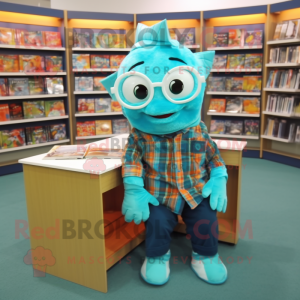 Turquoise Goldfish mascot costume character dressed with a Flannel Shirt and Reading glasses