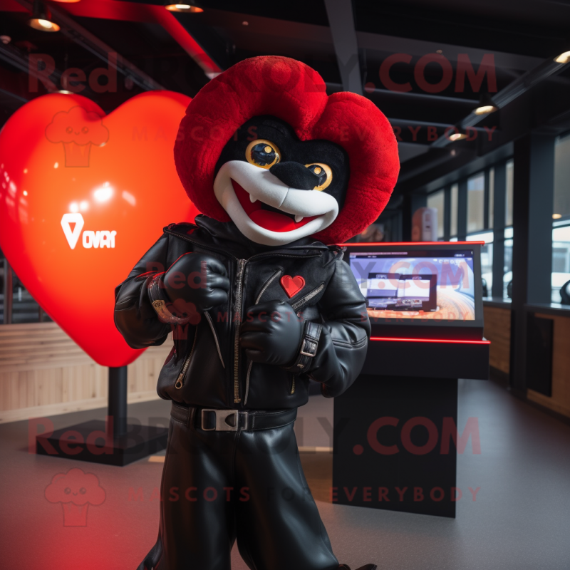 Red Heart mascot costume character dressed with a Leather Jacket and Mittens Red Heart mascot costume character dressed with a Leather Jacket and Mittens