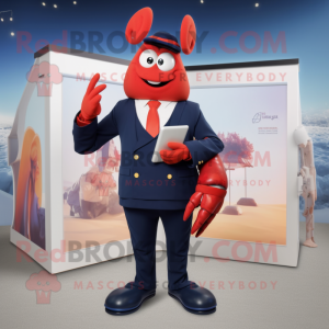 Navy Lobster Bisque mascot costume character dressed with a Suit Pants and Smartwatches