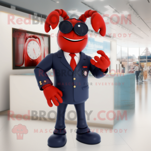 Navy Lobster Bisque mascot costume character dressed with a Suit Pants and Smartwatches