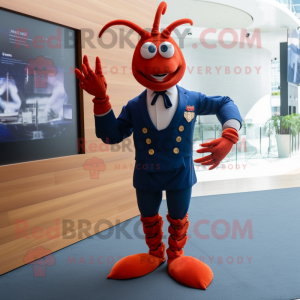 Navy Lobster Bisque mascot costume character dressed with a Suit Pants and Smartwatches