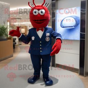 Navy Lobster Bisque mascot costume character dressed with a Suit Pants and Smartwatches