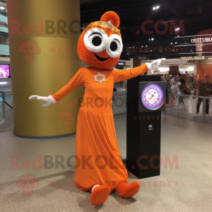 Orange Acrobat mascot costume character dressed with a Evening Gown and Digital watches