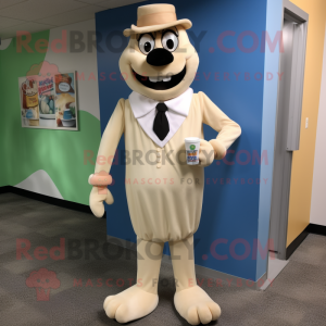 Tan Bottle Of Milk mascot costume character dressed with a Dress Pants and Tie pins