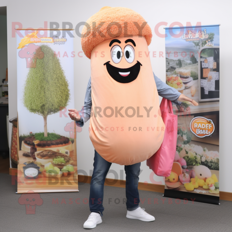 Peach Falafel mascot costume character dressed with a Bootcut Jeans and Tote bags Peach Falafel mascot costume character dressed with a Bootcut Jeans and Tote bags
