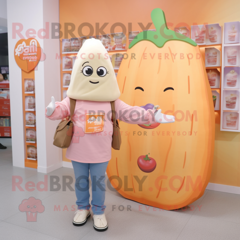 Peach Falafel mascot costume character dressed with a Bootcut Jeans and Tote bags Peach Falafel mascot costume character dressed with a Bootcut Jeans and Tote bags