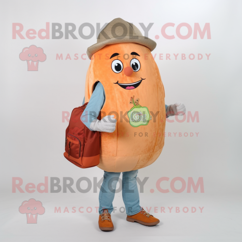 Peach Falafel mascot costume character dressed with a Bootcut Jeans and Tote bags Peach Falafel mascot costume character dressed with a Bootcut Jeans and Tote bags