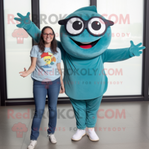 Teal Pizza mascot costume character dressed with a Boyfriend Jeans and Eyeglasses