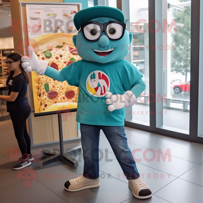 Teal Pizza mascot costume character dressed with a Boyfriend Jeans and Eyeglasses Teal Pizza mascot costume character dressed with a Boyfriend Jeans and Eyeglasses